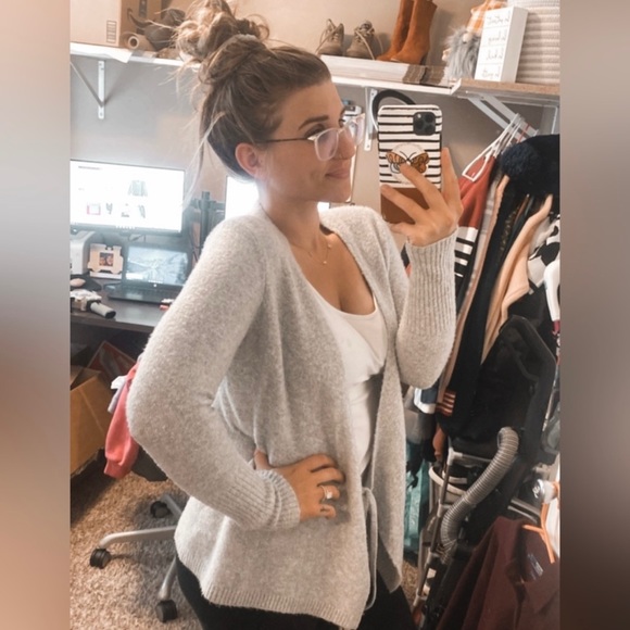 LOFT wool blend tie front oversized relaxed fit neutral cardigan - Picture 4 of 9